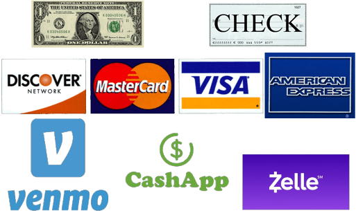 We accept payments through Cash, Check, Discover, MasterCard, Visa, American Express, Venmo, CashApp, Zelle